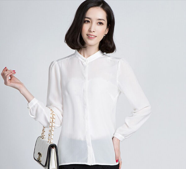 女士白色長袖雪紡襯衫